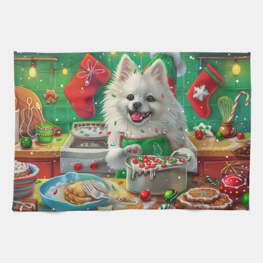 Amerikaanse Eskimo Kerstbakkerij: Festive Kerstmis Theedoek (Horizontaal)