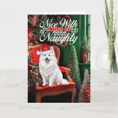 Amerikaanse Eskimo Kersthond Ondeugend of Nice Feestdagen Kaart (Voorkant)