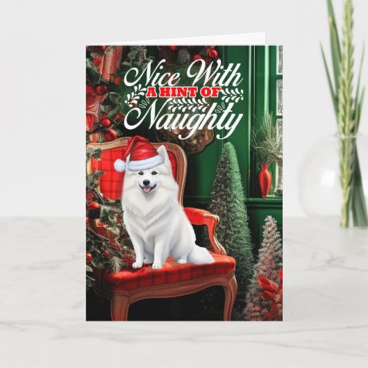 Amerikaanse Eskimo Kersthond Ondeugend of Nice Feestdagen Kaart (Voorkant)