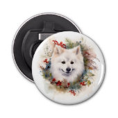 Amerikaanse Eskimo Kerstkrans Feestelijke Pup Button Flesopener (Voorkant)