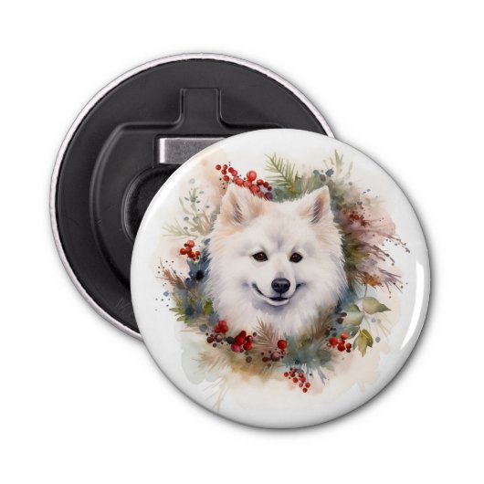 Amerikaanse Eskimo Kerstkrans Feestelijke Pup Button Flesopener (Voorkant)