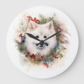 Amerikaanse Eskimo Kerstkrans Feestelijke Pup Grote Klok (Voorkant)