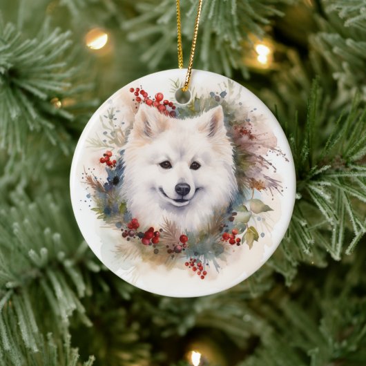 Amerikaanse Eskimo Kerstkrans Feestelijke Pup Keramisch Ornament (Boom)