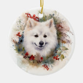 Amerikaanse Eskimo Kerstkrans Feestelijke Pup Keramisch Ornament (Voorkant)