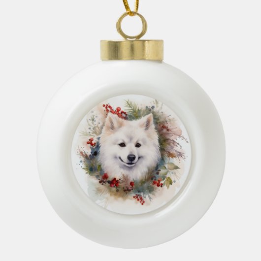 Amerikaanse Eskimo Kerstkrans Feestelijke Pup Keramische Bal Ornament (Voorkant)
