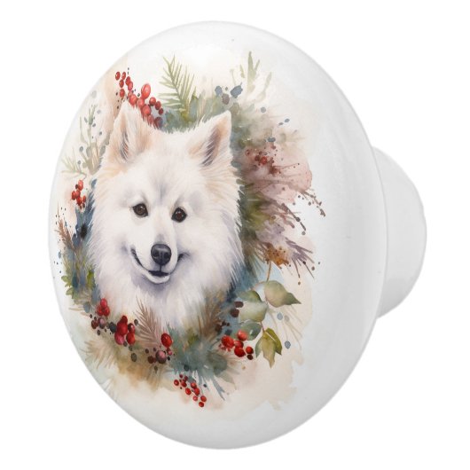 Amerikaanse Eskimo Kerstkrans Feestelijke Pup Keramische Knop (Rechts)