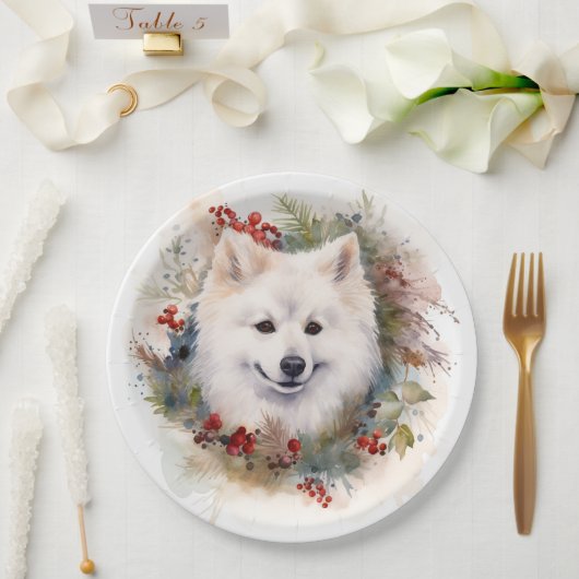 Amerikaanse Eskimo Kerstkrans Feestelijke Pup Papieren Bordje (Huwelijk)
