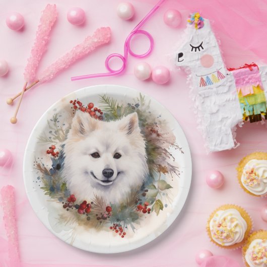 Amerikaanse Eskimo Kerstkrans Feestelijke Pup Papieren Bordje (Feest)