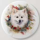 Amerikaanse Eskimo Kerstkrans Feestelijke Pup Ronde Button 6,0 Cm (Voorkant)