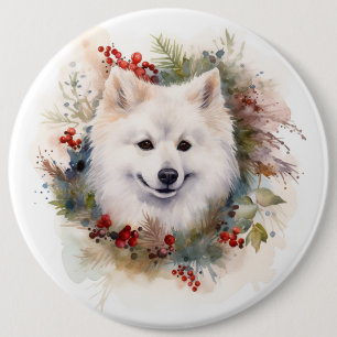 Amerikaanse Eskimo Kerstkrans Feestelijke Pup Ronde Button 6,0 Cm
