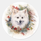 Amerikaanse Eskimo Kerstkrans Feestelijke Pup Ronde Sticker (Voorkant)
