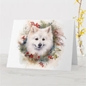 Amerikaanse Eskimo Kerstkrans Festieve Pup Kaart (Gele Bloem)