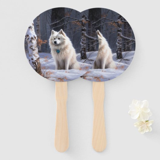 Amerikaanse Eskimo laat het sneeuwen Kerstmis Handwaaier (Voorkant en achterkant)