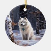 Amerikaanse Eskimo laat het sneeuwen Kerstmis Keramisch Ornament (Voorkant)