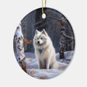 Amerikaanse Eskimo laat het sneeuwen Kerstmis Keramisch Ornament (Links)