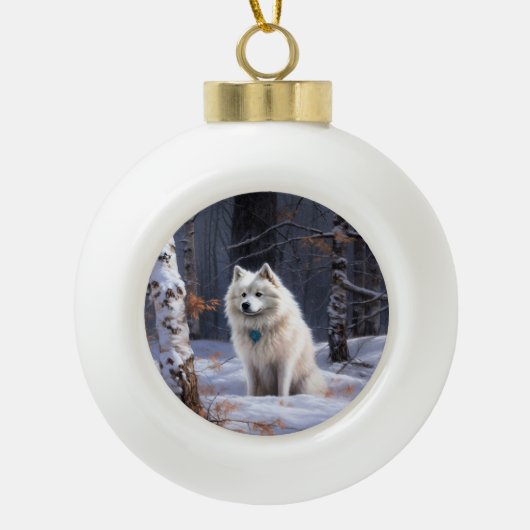 Amerikaanse Eskimo laat het sneeuwen Kerstmis Keramische Bal Ornament (Voorkant)