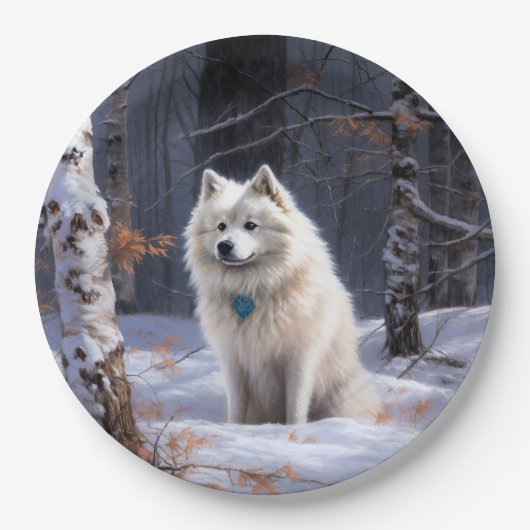 Amerikaanse Eskimo laat het sneeuwen Kerstmis Papieren Bordje (Voorkant)