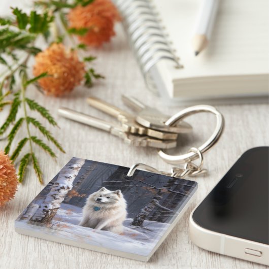 Amerikaanse Eskimo laat het sneeuwen Kerstmis Sleutelhanger (Voorkant Rechts)