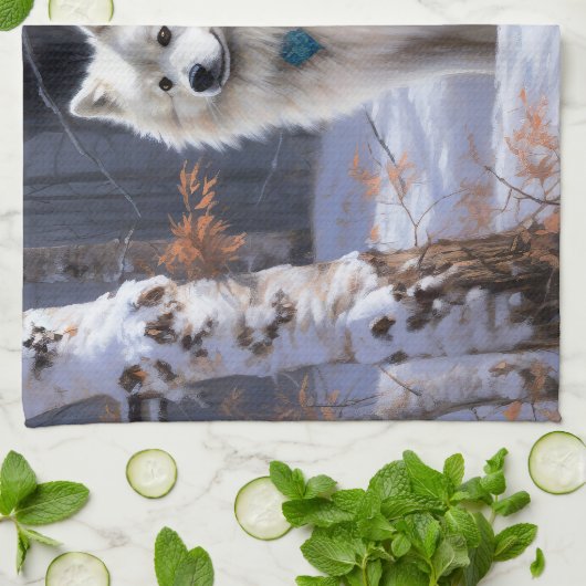 Amerikaanse Eskimo laat het sneeuwen Kerstmis Theedoek (Gevouwen)