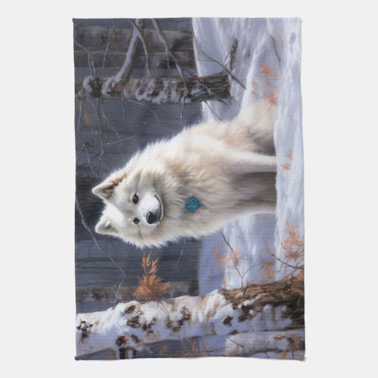 Amerikaanse Eskimo laat het sneeuwen Kerstmis Theedoek (Verticaal)