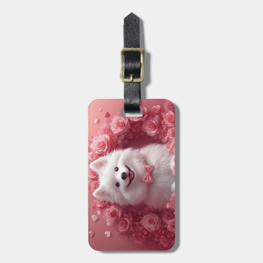 Amerikaanse Eskimo met Rozen - Valentijnsdag Bagagelabel (Voorkant verticaal)
