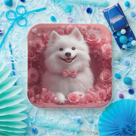 Amerikaanse Eskimo met Rozen - Valentijnsdag Papieren Bordje (Feest)