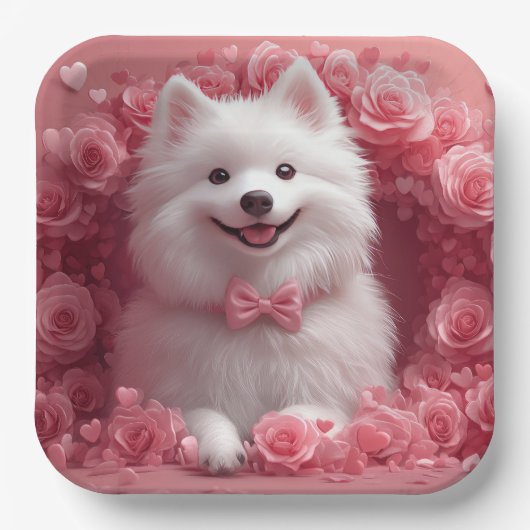 Amerikaanse Eskimo met Rozen - Valentijnsdag Papieren Bordje (Voorkant)