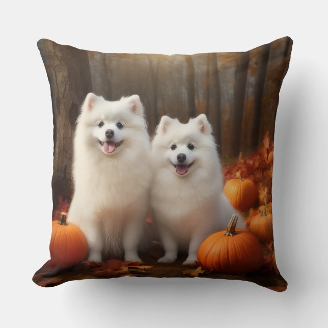 Amerikaanse Eskimo Puppy Autumn Delight Pompoen Kussen (Voorkant)