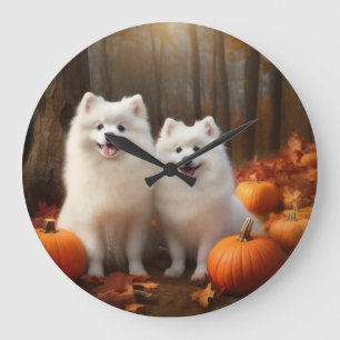 Amerikaanse Eskimo Puppy Autumn Delight Pumpkin Grote Klok