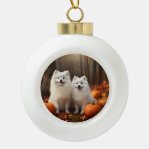 Amerikaanse Eskimo Puppy Autumn Delight Pumpkin Keramische Bal Ornament