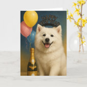 Amerikaanse Eskimo Puppy Gelukkig Nieuwjaar Kaart (Gele Bloem)