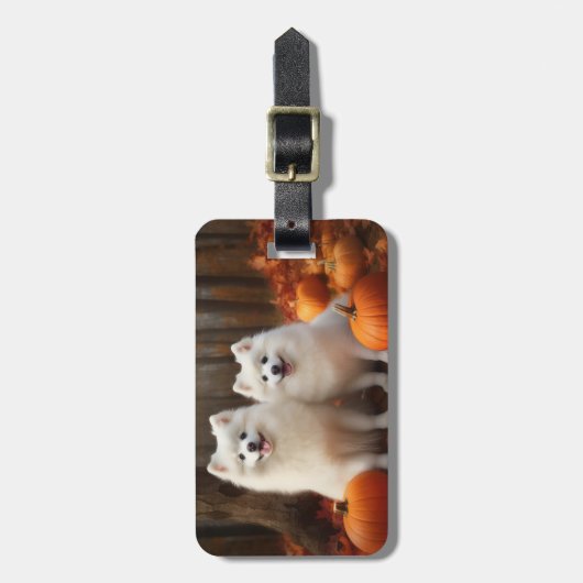 Amerikaanse Eskimo Puppy Herfst Delight Pompoen Bagagelabel (Voorkant verticaal)