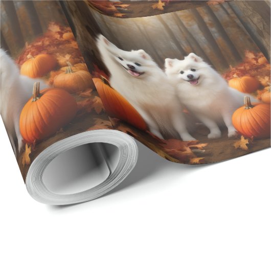 Amerikaanse Eskimo Puppy Herfst Delight Pompoen Cadeaupapier (Rol Hoek)