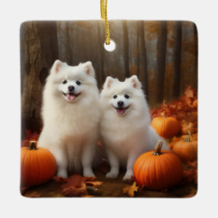 Amerikaanse Eskimo Puppy Herfst Delight Pompoen Keramisch Ornament
