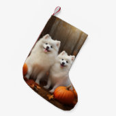 Amerikaanse Eskimo Puppy Herfst Delight Pompoen Kleine Kerstsok (Voorkant (Hangend))
