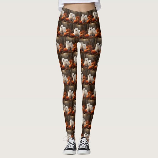 Amerikaanse Eskimo Puppy Herfst Delight Pompoen Leggings (Voorkant)
