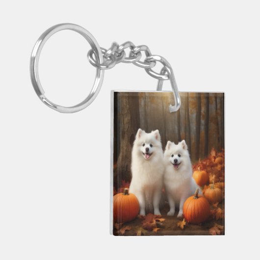 Amerikaanse Eskimo Puppy Herfst Delight Pompoen Sleutelhanger (Voorkant Links)