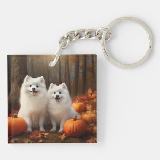 Amerikaanse Eskimo Puppy Herfst Delight Pompoen Sleutelhanger (Achterkant)