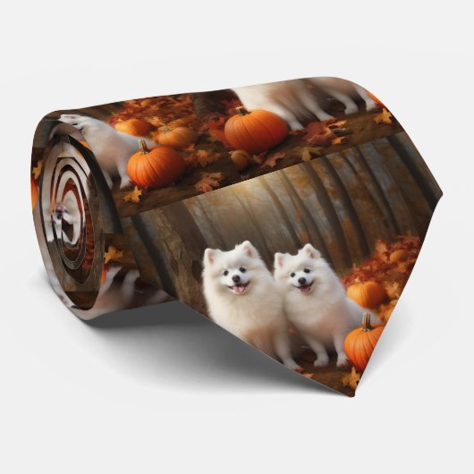 Amerikaanse Eskimo Puppy Herfst Delight Pompoen Stropdas (Opgerold)