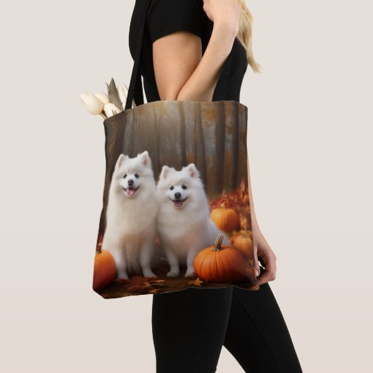 Amerikaanse Eskimo Puppy Herfst Delight Pompoen Tote Bag (Dichtbij)