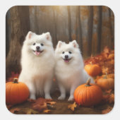Amerikaanse Eskimo Puppy Herfst Delight Pompoen Vierkante Sticker (Voorkant)