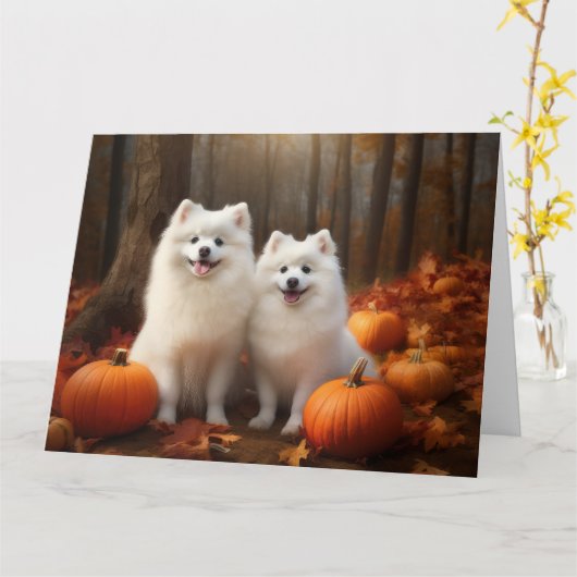 Amerikaanse Eskimo Puppy Herfst Plezier Pompoen Kaart (Gele Bloem)