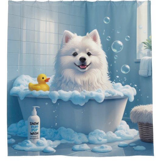 Amerikaanse Eskimo Sloppy Sleepy Schattige Funny Douchegordijn (Voorkant)