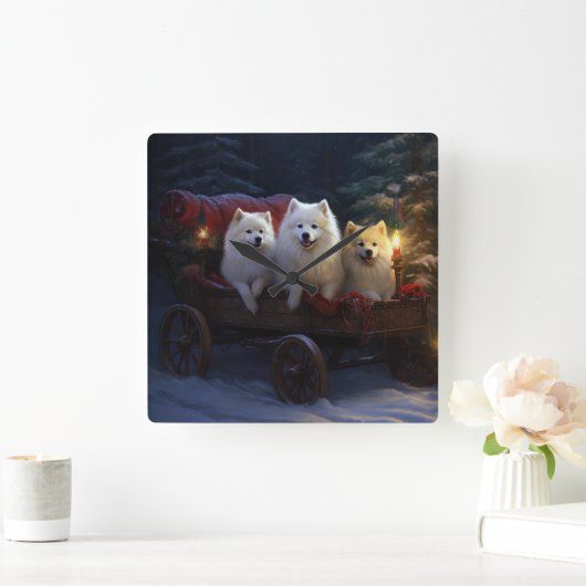 Amerikaanse Eskimo Sneeuw Slede Kerst Decor Vierkante Klok (Huis)