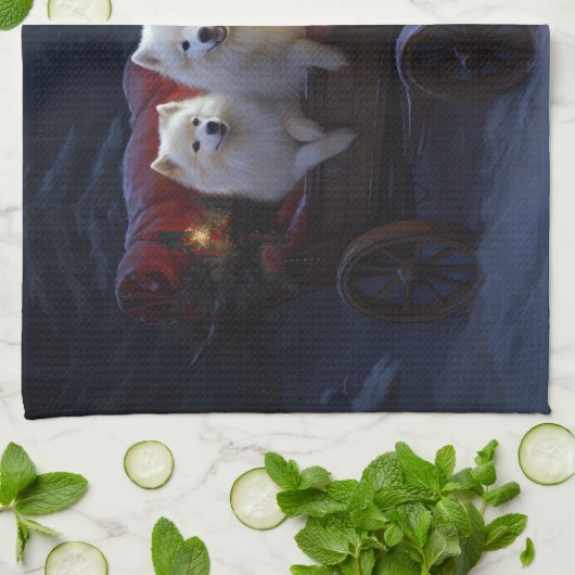 Amerikaanse Eskimo Snowy Sleigh Kerst Decor Theedoek (Gevouwen)