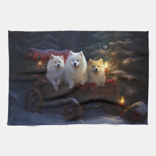 Amerikaanse Eskimo Snowy Sleigh Kerst Decor Theedoek (Horizontaal)