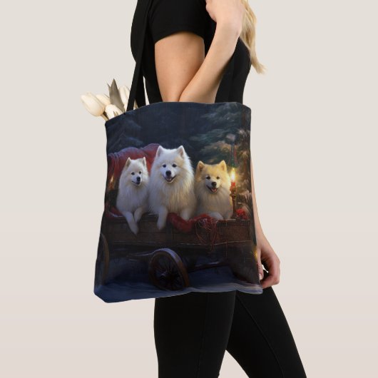 Amerikaanse Eskimo Snowy Sleigh Kerst Decor Tote Bag (Dichtbij)