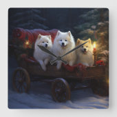 Amerikaanse Eskimo Snowy Sleigh Kerst Decor Vierkante Klok (Voorkant)