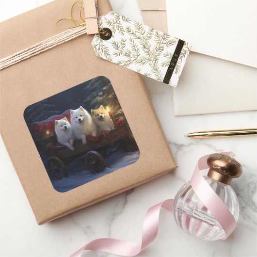 Amerikaanse Eskimo Snowy Sleigh Kerst Decor Vierkante Sticker (Geschenken)