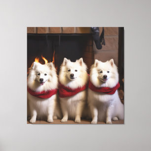 Amerikaanse Eskimohond bij de Open Haard Kerstmis Canvas Afdruk